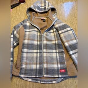 Stormy Kromer Plaid Zip-Up Jacket in gray, tan and Cream, woman’s size M
